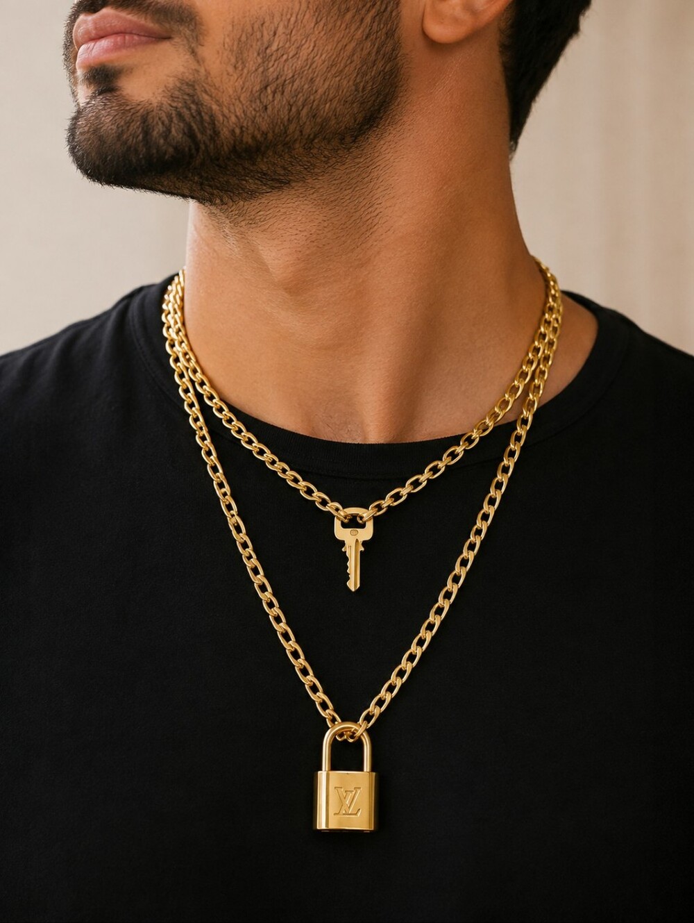 Authentic Louis Vuitton Lock & Key w/ 18k Gold Plated Stainless 2 Chain